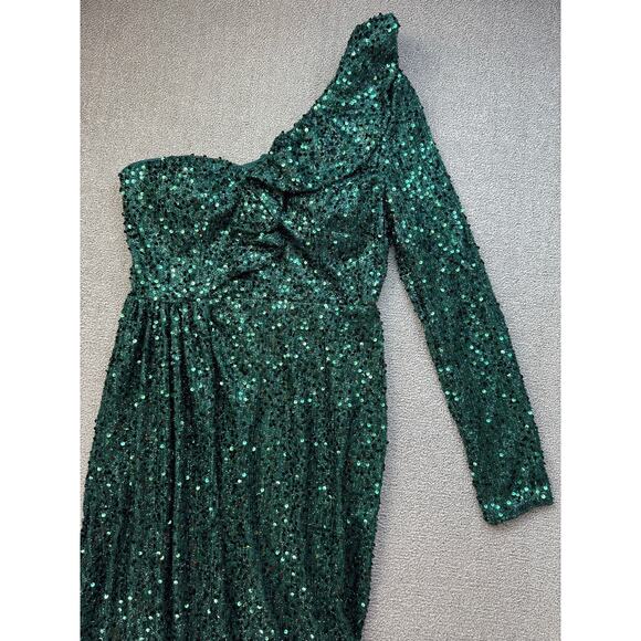 NWT Faeriesty Formal Dress Gown Sz Large Dark Green Sequin One Shoulder Mermaid - Picture 7 of 16